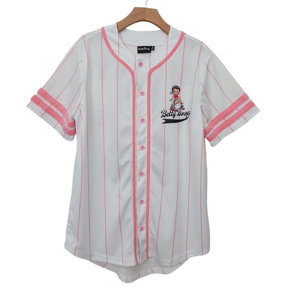 Betty Boop Baseball Jersey Womens Medium Pink White Button Up Retro Novelty